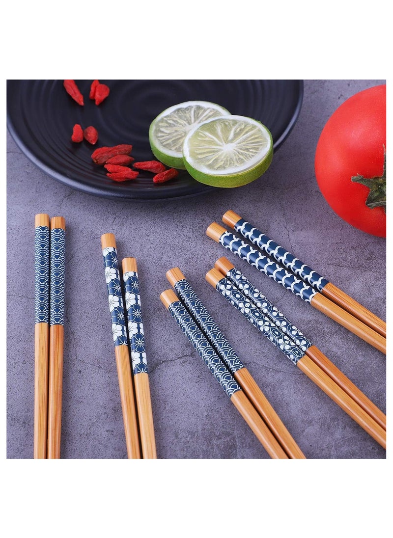 5 Pairs Natural Bamboo Chopsticks Reusable Classic Japanese Style Chop Sticks Gift Sets, Dishwasher Safe, 8.8 Inch/22.5cm