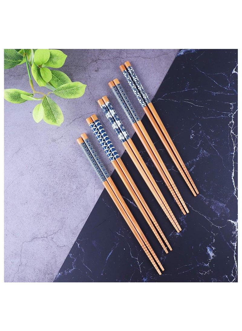 5 Pairs Natural Bamboo Chopsticks Reusable Classic Japanese Style Chop Sticks Gift Sets, Dishwasher Safe, 8.8 Inch/22.5cm