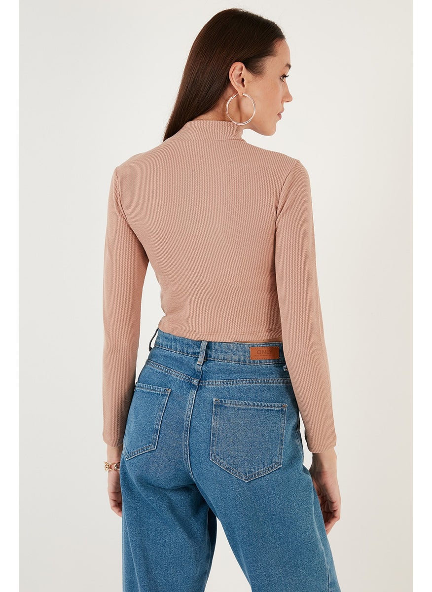 Flexible Slim Fit Cut Out Window High Collar Crop Blouse Women's Blouse 5865348