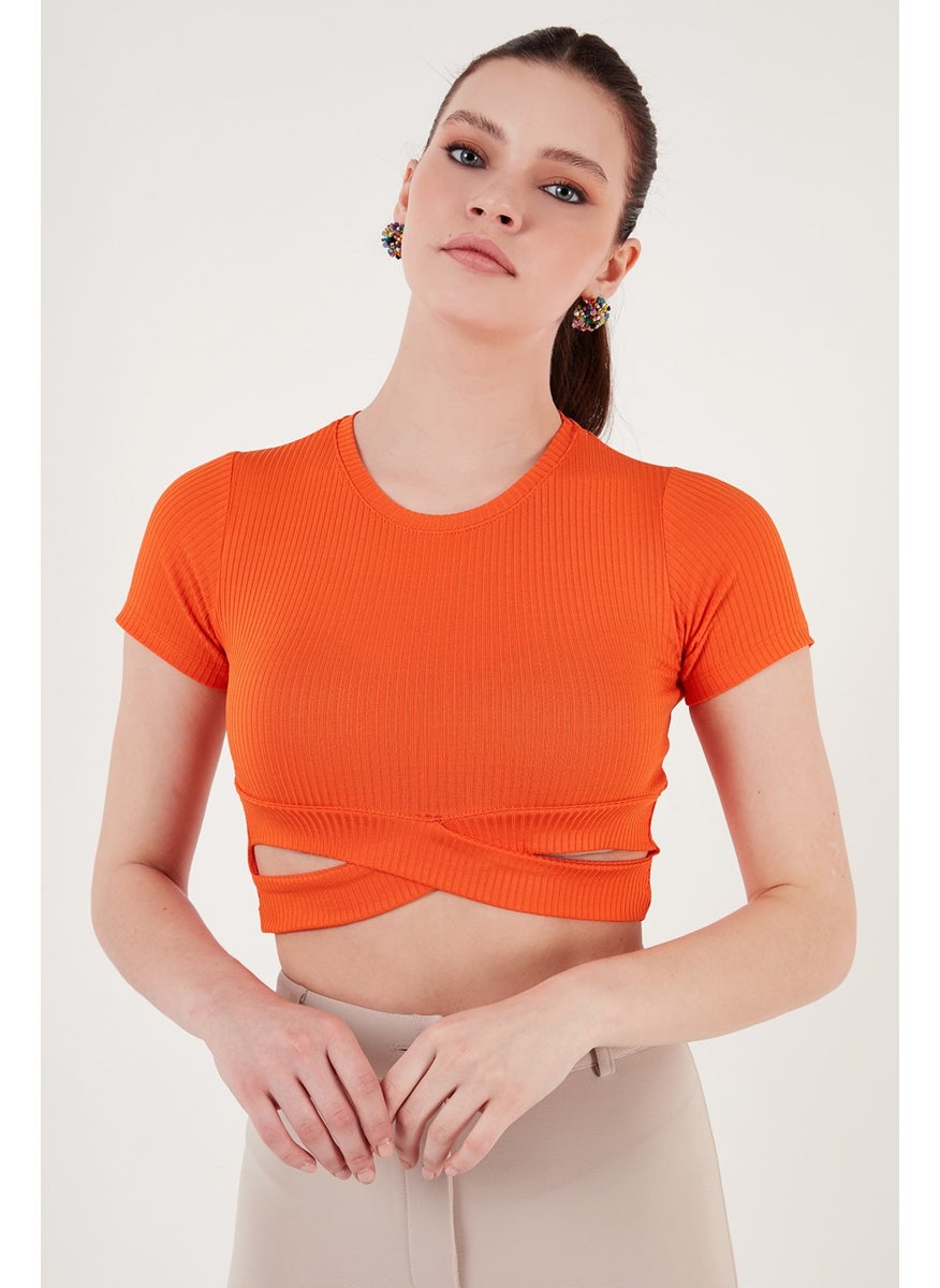 Ribbed Waist Detailed Short Sleeve Slim Cut Crop Blouse Women's Blouse 5864211