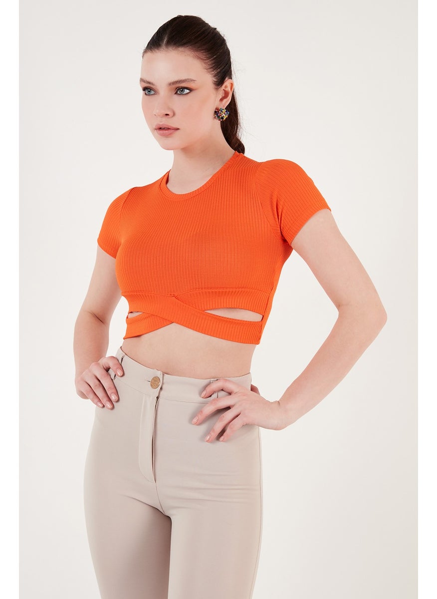 Ribbed Waist Detailed Short Sleeve Slim Cut Crop Blouse Women's Blouse 5864211