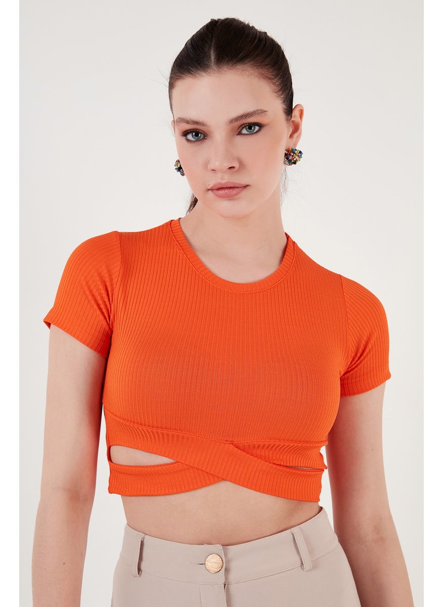 Ribbed Waist Detailed Short Sleeve Slim Cut Crop Blouse Women's Blouse 5864211