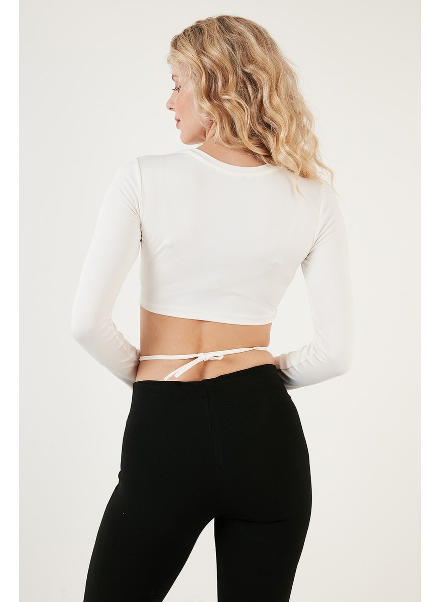 Tie Waist Slim Fit Crew Neck Crop Blouse Women's Blouse 5865402