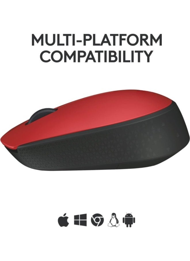 M171 Wireless Mouse for PC, Mac, Laptop, 2.4 GHz with USB Mini Receiver, Optical Tracking, 12-Months Battery Life, Ambidextrous - Red