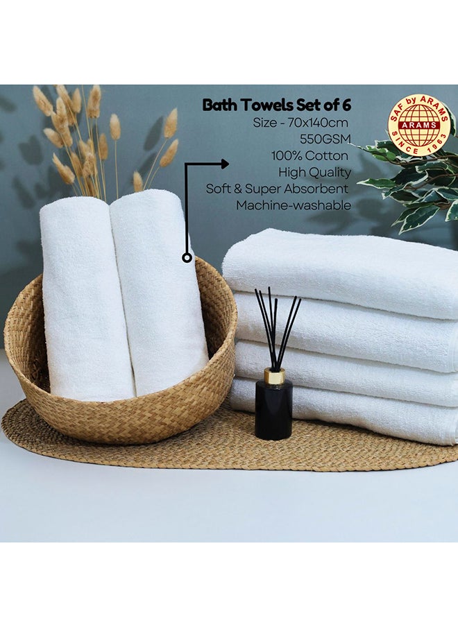 Premium 6-Piece White Bath Towel Set - 70x140 cm, 550 GSM, 100% Cotton, Hotel Quality