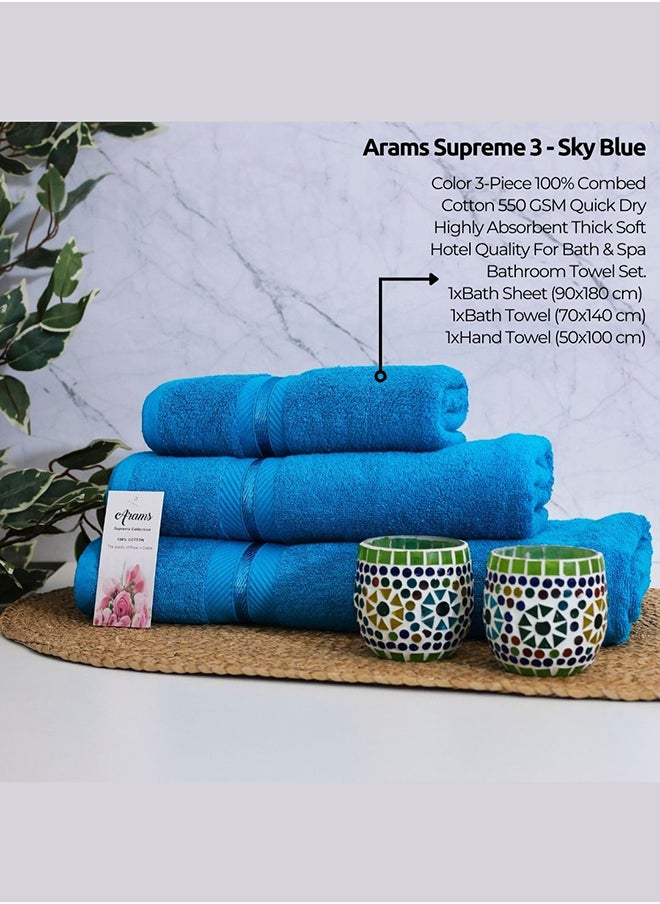 Arams Supreme 3-Piece 100% Combed Cotton 550 GSM Quick Dry Highly Absorbent Thick Soft Hotel Quality For Bath And Spa Bathroom Towel Set  1xBath Sheet (90x180 cm), 1xBath Towel (70x140 cm), 1xHand Towel (50x100 cm) Sky Blue Color