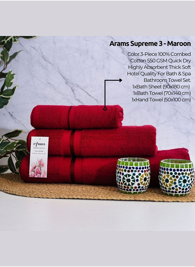 Arams Supreme 3-Piece 100% Combed Cotton 550 GSM Quick Dry Highly Absorbent Thick Soft Hotel Quality For Bath And Spa Bathroom Towel Set  1xBath Sheet (90x180 cm), 1xBath Towel (70x140 cm), 1xHand Towel (50x100 cm) Maroon Color