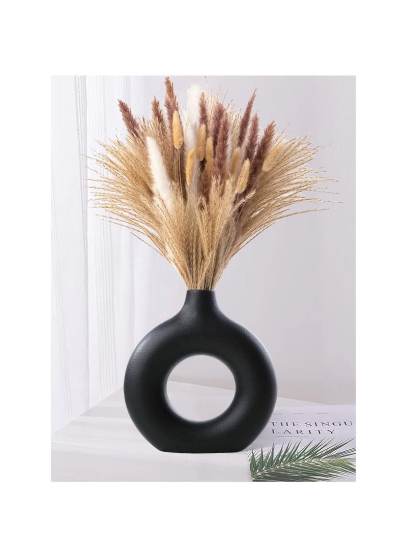 1 piece Black Modern Circle Ceramic Vase, Nordic Circular Matte ​Hollow Donut Flower Vases Decorative Minimalist Art Style for Home Living Room Office Kitchen Table Decor (Large)