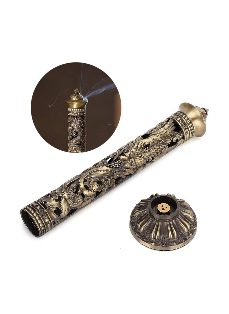 Incense Burner, Dragon Phoenix Relief Brass Incense Stick Holder with Ash Catcher & 3 Incense Holes, Retro Bronze Tone Cone Incense Holder for Home Office Fragrance Accessories Room Decoration