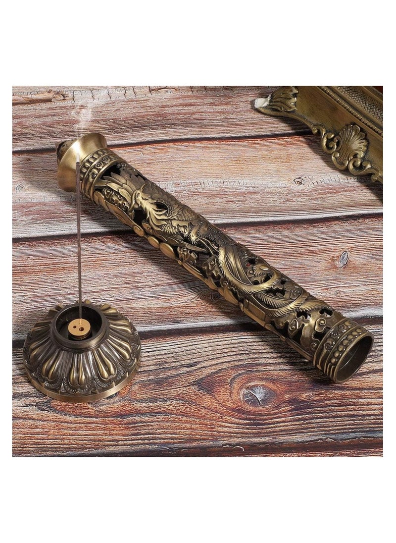 Incense Burner, Dragon Phoenix Relief Brass Incense Stick Holder with Ash Catcher & 3 Incense Holes, Retro Bronze Tone Cone Incense Holder for Home Office Fragrance Accessories Room Decoration