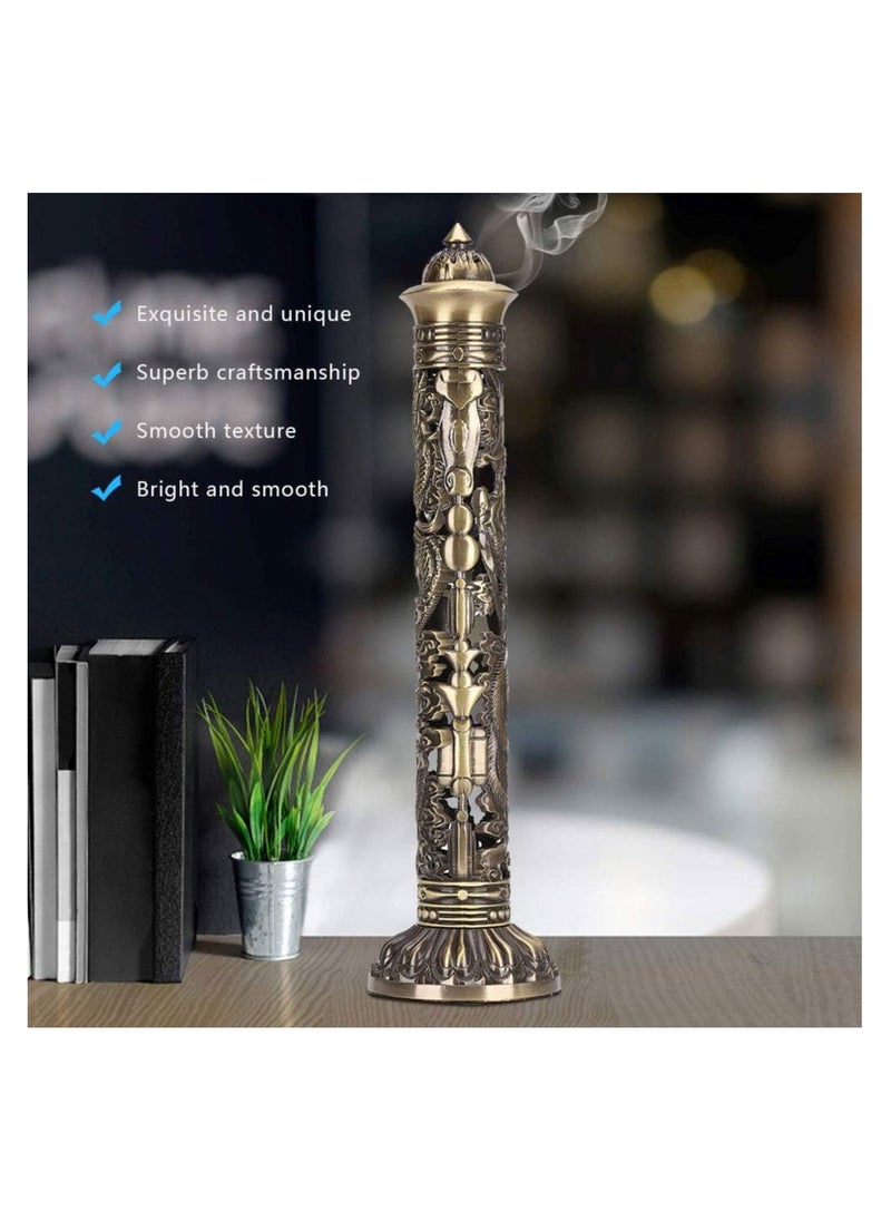 Incense Burner, Dragon Phoenix Relief Brass Incense Stick Holder with Ash Catcher & 3 Incense Holes, Retro Bronze Tone Cone Incense Holder for Home Office Fragrance Accessories Room Decoration