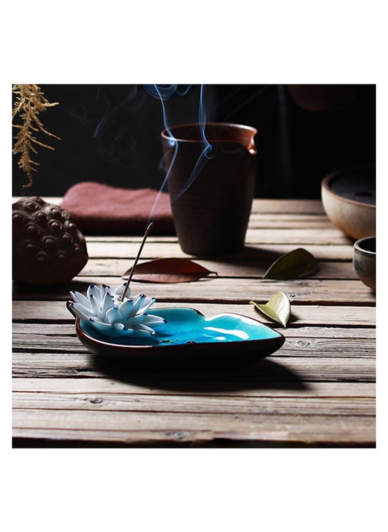 Incense Stick Holder Censer Ceramic Handmade Artistic Burner Stick Coil Lotus Porcelain Decorative Flower Incense Cone Ash Catcher Tray Handmade