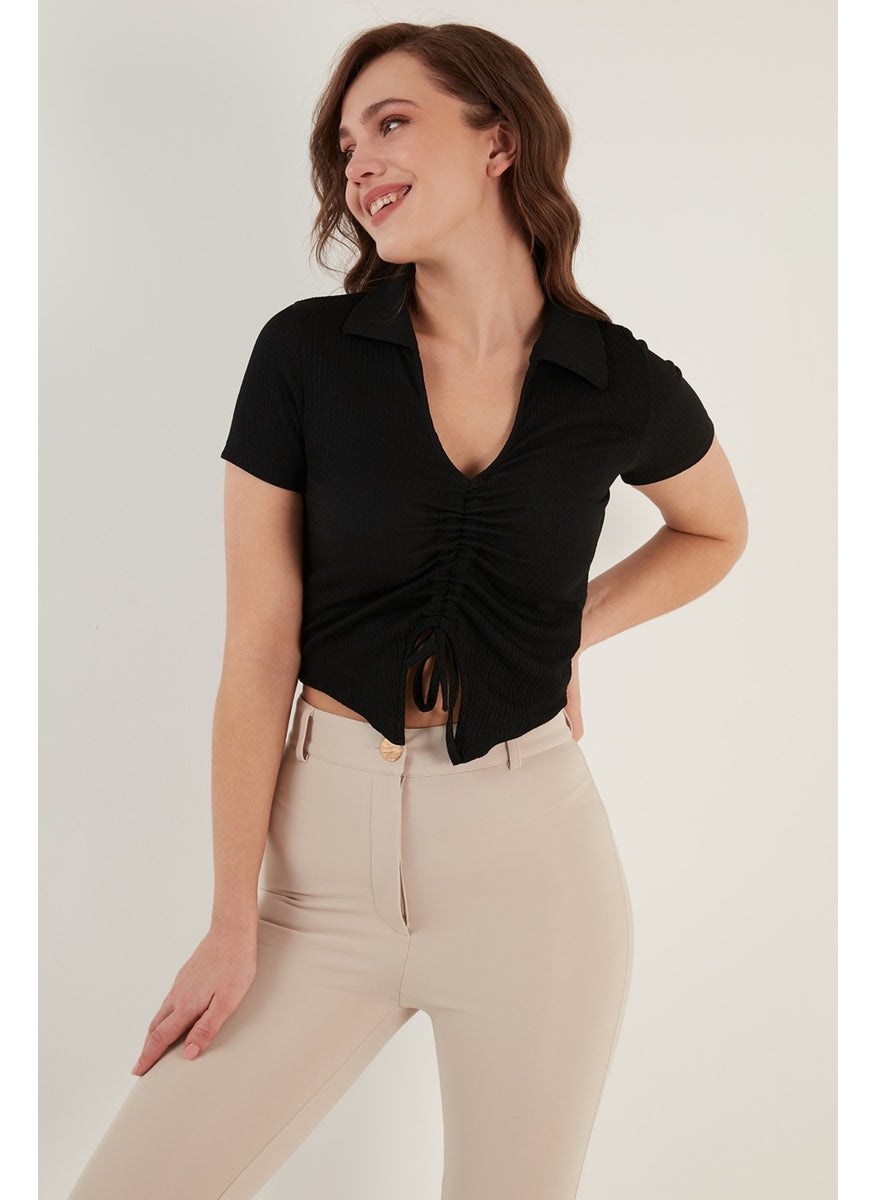 Gather Detailed Polo Neck Slim Cut Crop Blouse Women's Blouse 5865014