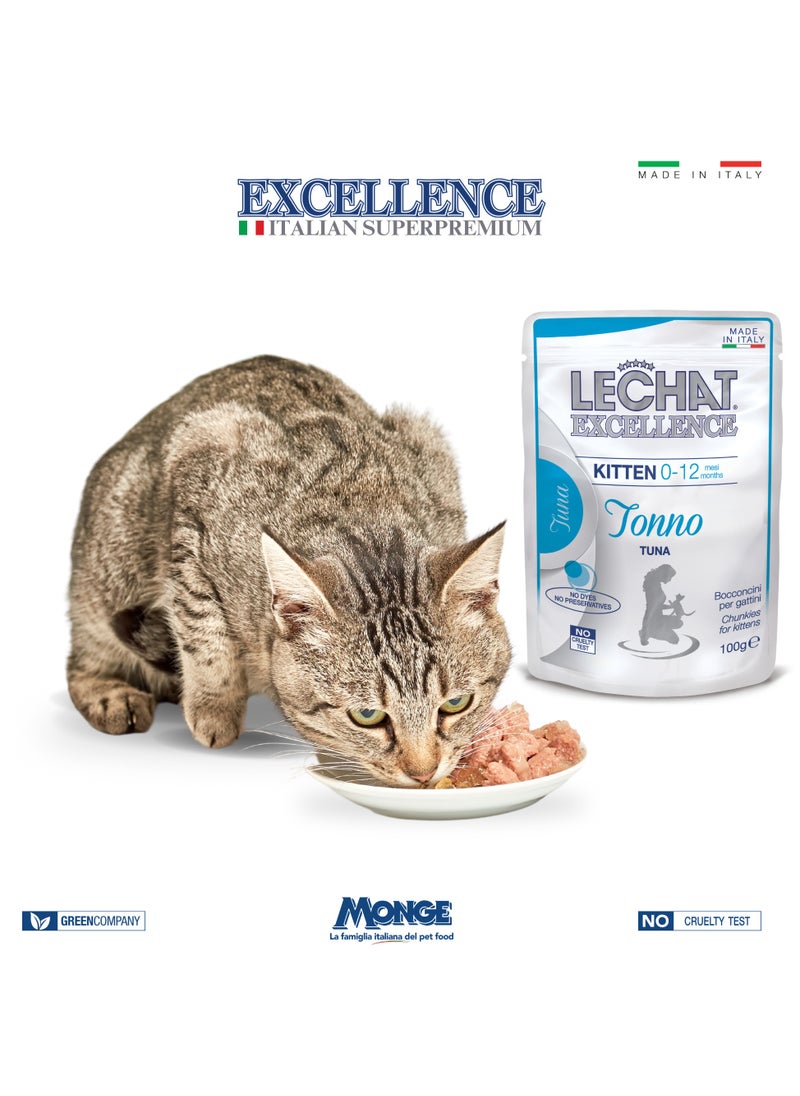 Lechat Excellence by Monge | Kitten Wet Food with Tuna | Super Premium Complementary Wet Kitten Food | Chunkies in Pouch - Pack of 24x100g