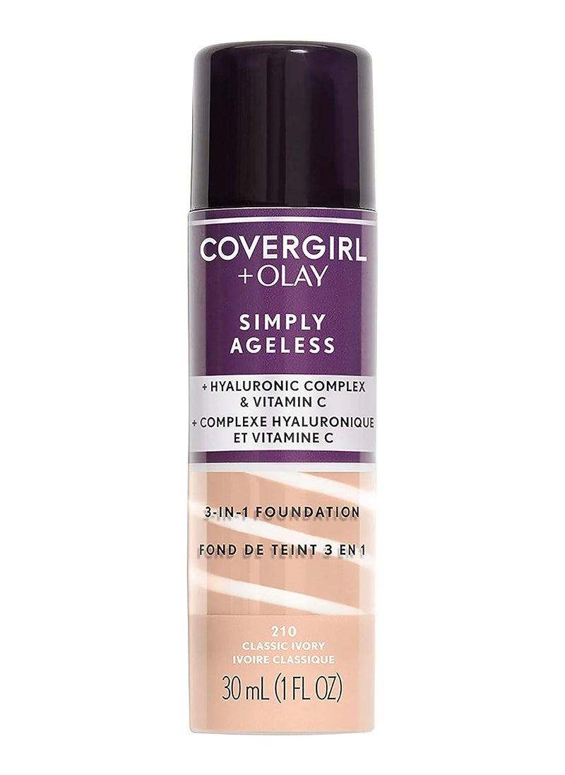 CoverGirl & Olay Simply Ageless 3-in-1 Liquid Foundation, Matte Finish, Hyaluronic & Vitamin C Formula, Cruelty Free, Classic Ivory, 1 Count