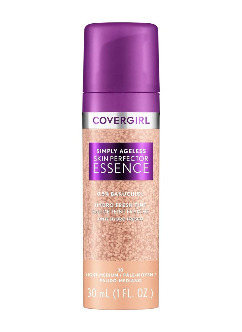 Covergirl Simply Ageless Skin Perfector Essence Foundation, 30 Light-Medium, Tinted Skin Perfector, Skincare Makeup Hybrid, Sheer Tint, Radiant Finish, Skin-Like Finish, Vegan Formula, 1.0oz