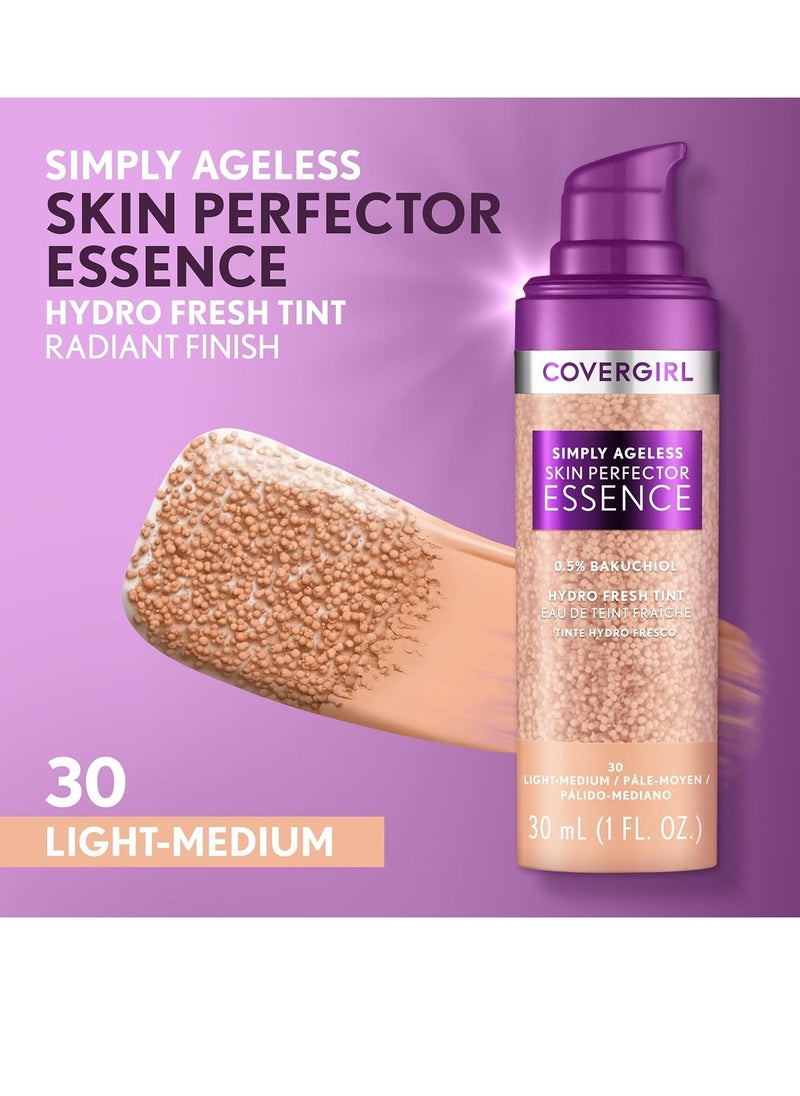 Covergirl Simply Ageless Skin Perfector Essence Foundation, 30 Light-Medium, Tinted Skin Perfector, Skincare Makeup Hybrid, Sheer Tint, Radiant Finish, Skin-Like Finish, Vegan Formula, 1.0oz