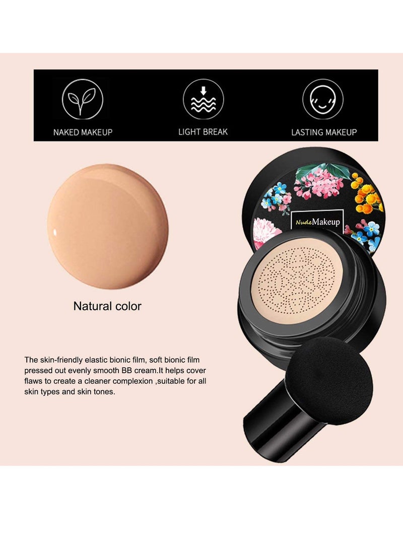 2 Pack Mushroom Head Air Cushion BB Cream, Concealer Lasting Nude Makeup Moisturizing Brightening Pigment CC Liquid Foundation