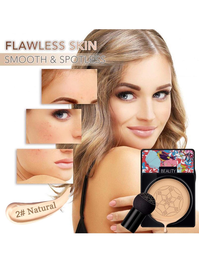 NUIBO Air Cushion CC Cream Mushroom Head, Moisturizing Concealer Makeup Base, Primer Liquid Foundation Long Lasting with Two Mushroom Makeup Sponges 【Natural】【Screw lid】