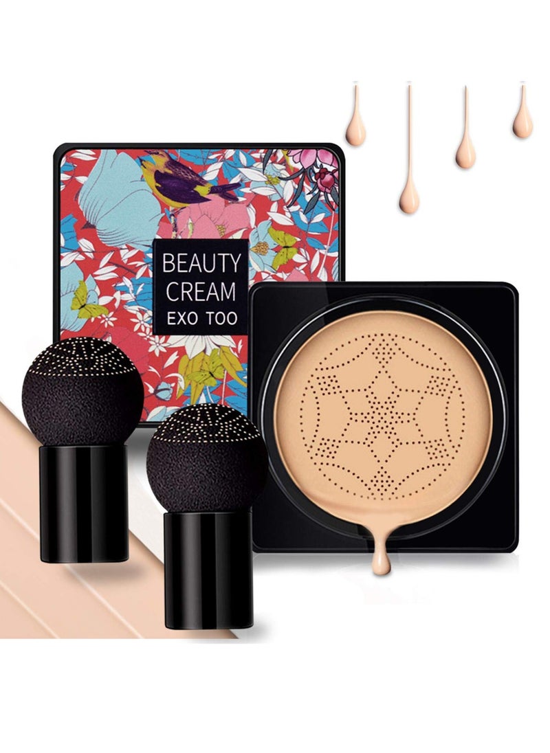 NUIBO Air Cushion CC Cream Mushroom Head, Moisturizing Concealer Makeup Base, Primer Liquid Foundation Long Lasting with Two Mushroom Makeup Sponges 【Natural】【Screw lid】