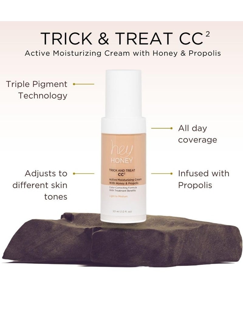 Hey Honey Trick and Treat CC Cream SPF 46 | Active Moisturizing Color Correcting Cream with Honey & Propolis | Best Cover For Rosacea, Skin Redness & Mature Skin | Cruelty-Free | 1 oz (Light-Medium)