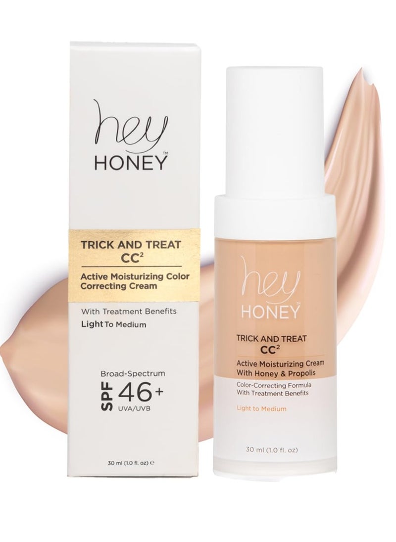 Hey Honey Trick and Treat CC Cream SPF 46 | Active Moisturizing Color Correcting Cream with Honey & Propolis | Best Cover For Rosacea, Skin Redness & Mature Skin | Cruelty-Free | 1 oz (Light-Medium)