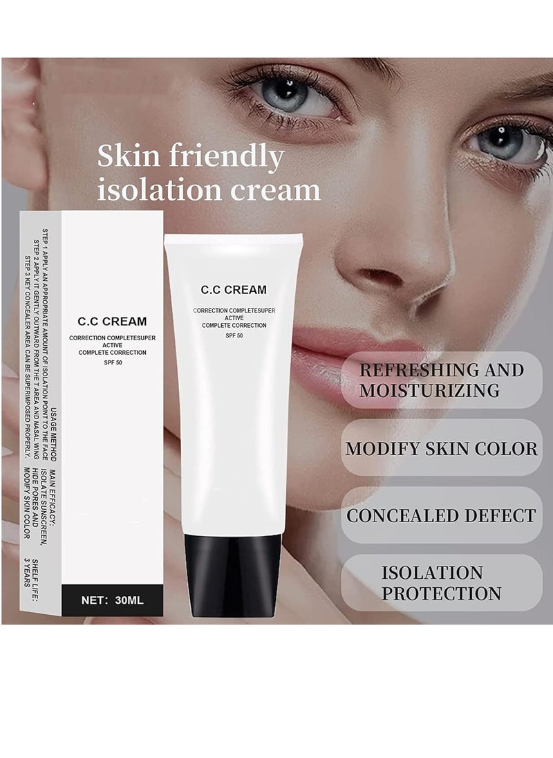 Skin Tone Adjusting CC Cream SPF 50,Cosmetics CC Cream, Colour Correcting Self Adjusting for Mature Skin,All-In-One Face Sunscreen and Foundation,Skin Concealer,Natural Color-1.01 oz (2PCS)