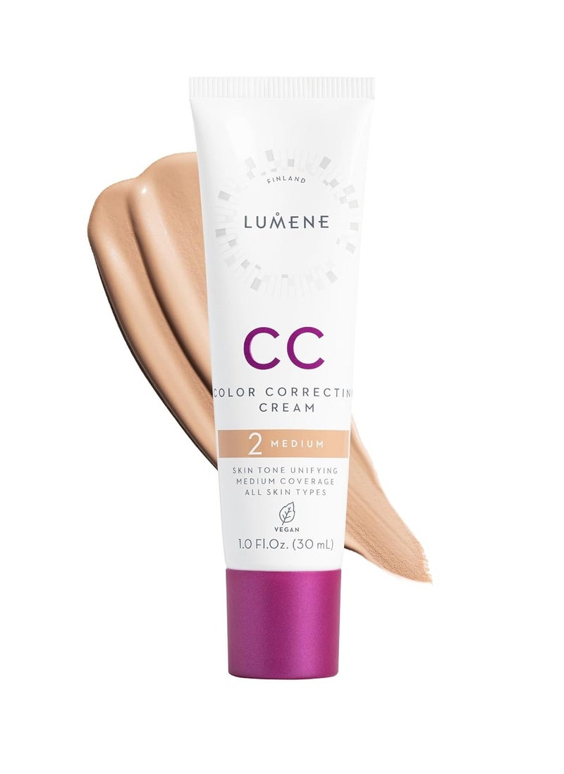 Lumene Color Correcting CC Cream - Lightweight Foundation - Medium Coverage - Redness Reducing Face Makeup for a Glowing Complexion - Vegan Formula + Suitable for All Skin Types - Medium (1 fl oz)