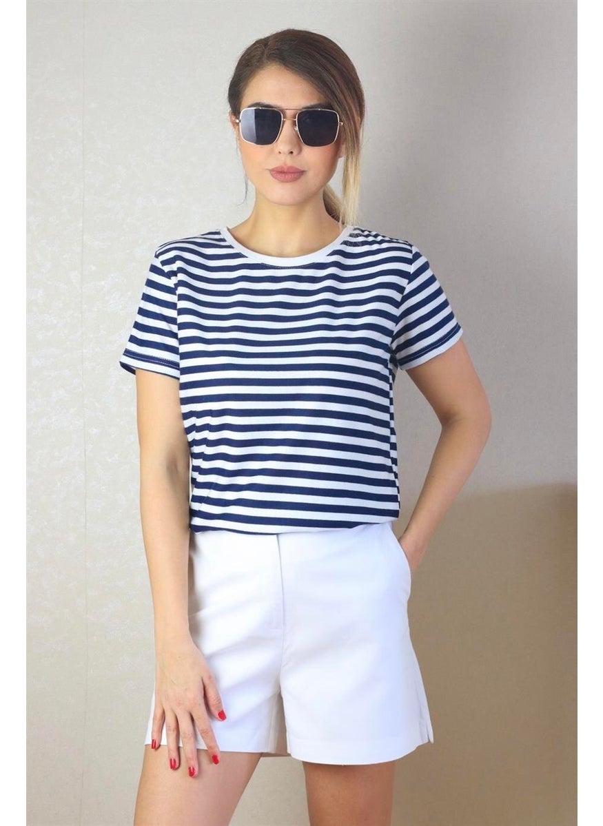Women's Navy Blue White Striped Basic T-Shirt