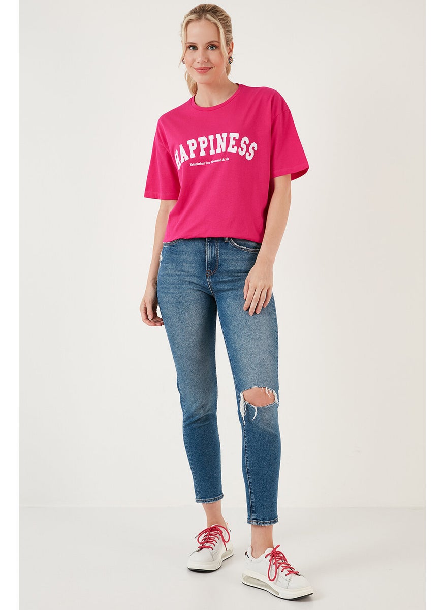Printed Cotton Oversize Crew Neck T Shirt Women's T Shirt 541HAPPINESS