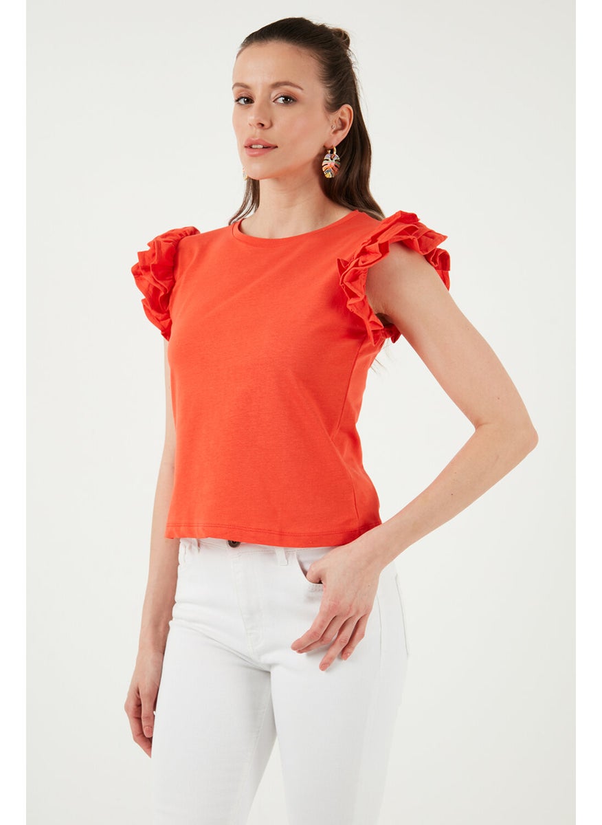 Cotton Sleeves Ruffled Slim Fit Crew Neck T Shirt Women's T Shirt 5864500