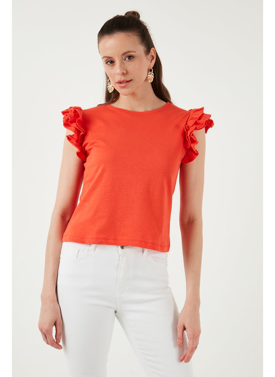 Cotton Sleeves Ruffled Slim Fit Crew Neck T Shirt Women's T Shirt 5864500