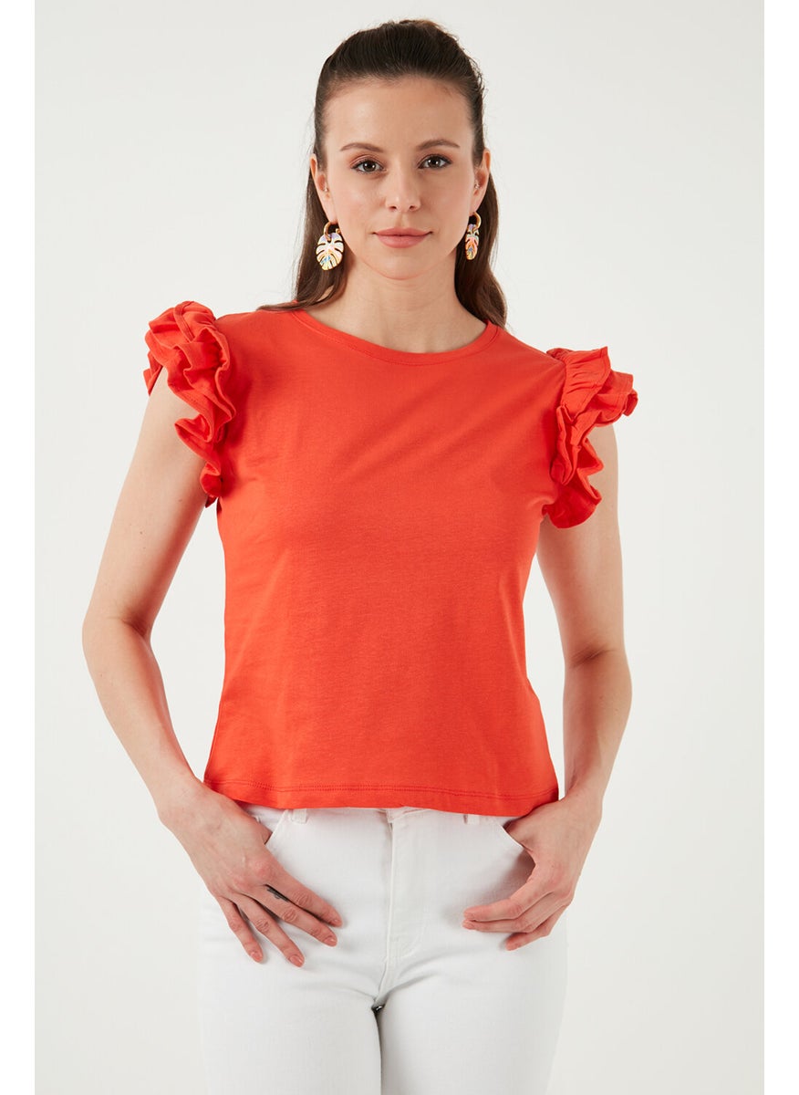 Cotton Sleeves Ruffled Slim Fit Crew Neck T Shirt Women's T Shirt 5864500