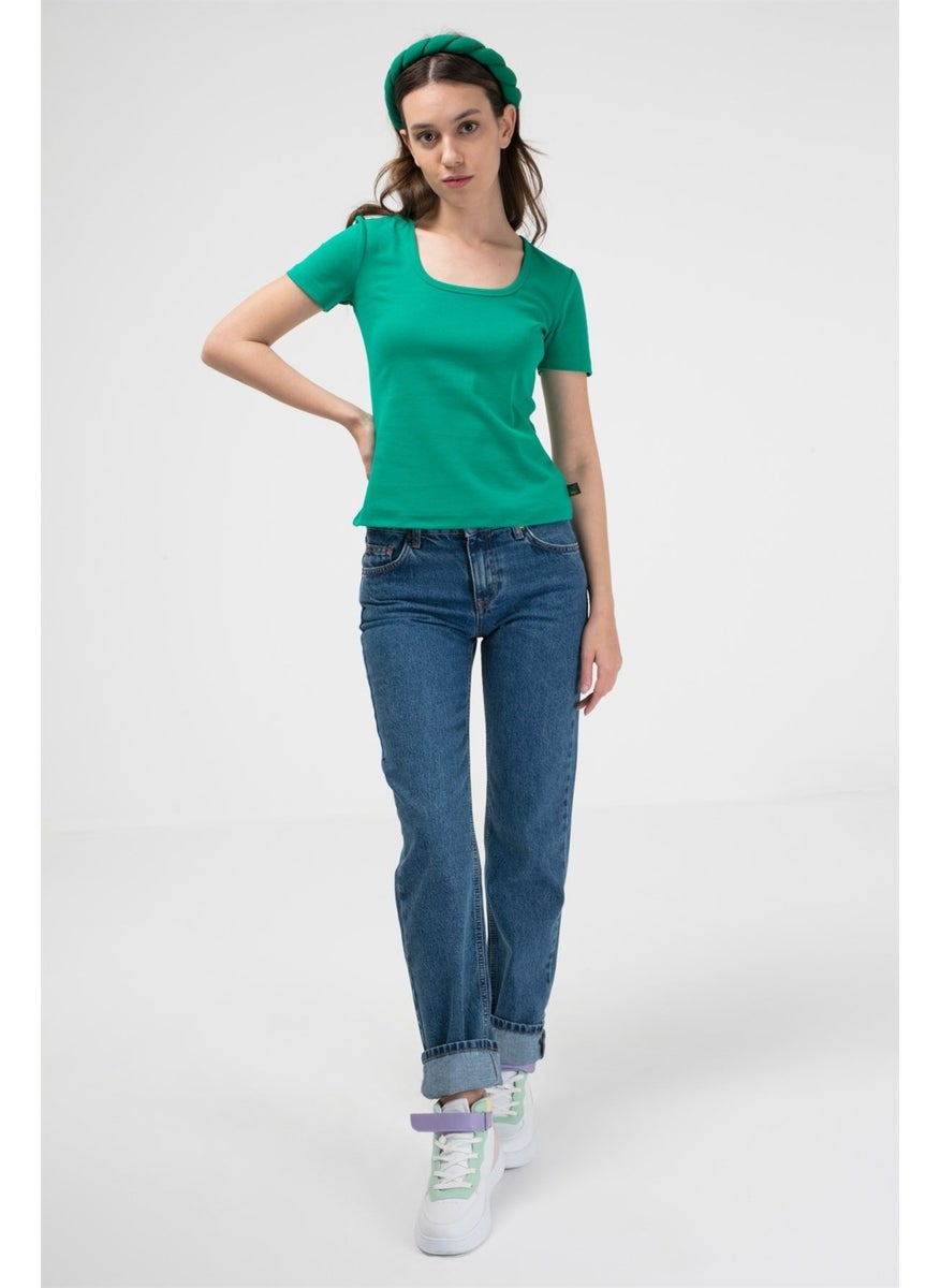 U Neck Women's Short Sleeve Ribbed T-Shirt