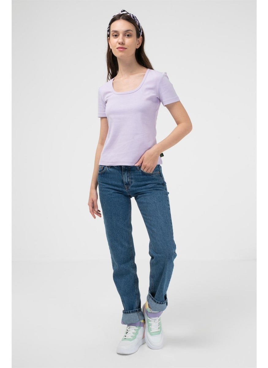 U Neck Women's Short Sleeve Ribbed T-Shirt
