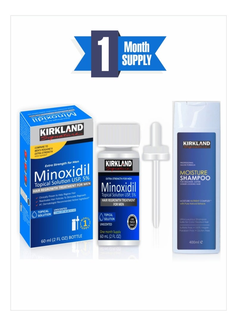 Combo of Minoxidil USP 5% Hair Growth Solution for Men – 1-Month Supply + Natural Extracts Moisture Shampoo for Better Growth