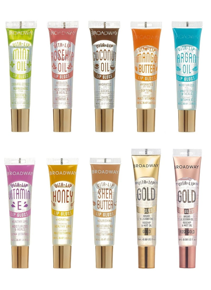 Broadway Vita-Lip Clear Lip Gloss Moisturizing Hydrating Nourishing Long Lasting High Shine Glossy Lip Care Gloss 0.47oz/14ml (10 PCS SET)