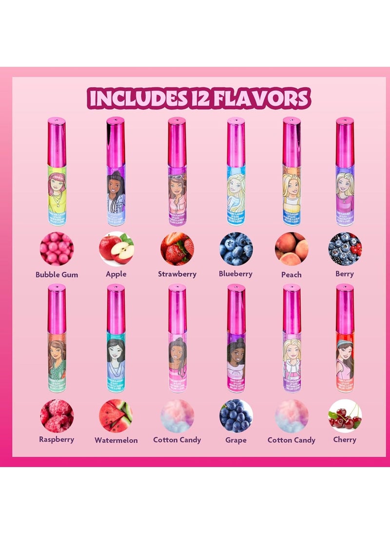 Townley Girl Barbie 12 Piece Plant Based Lip Gloss, Girls Party Favors, First Makeup Set for Girl, Perfect for Parties, Sleepovers, and Birthday Gifts, Ages 3