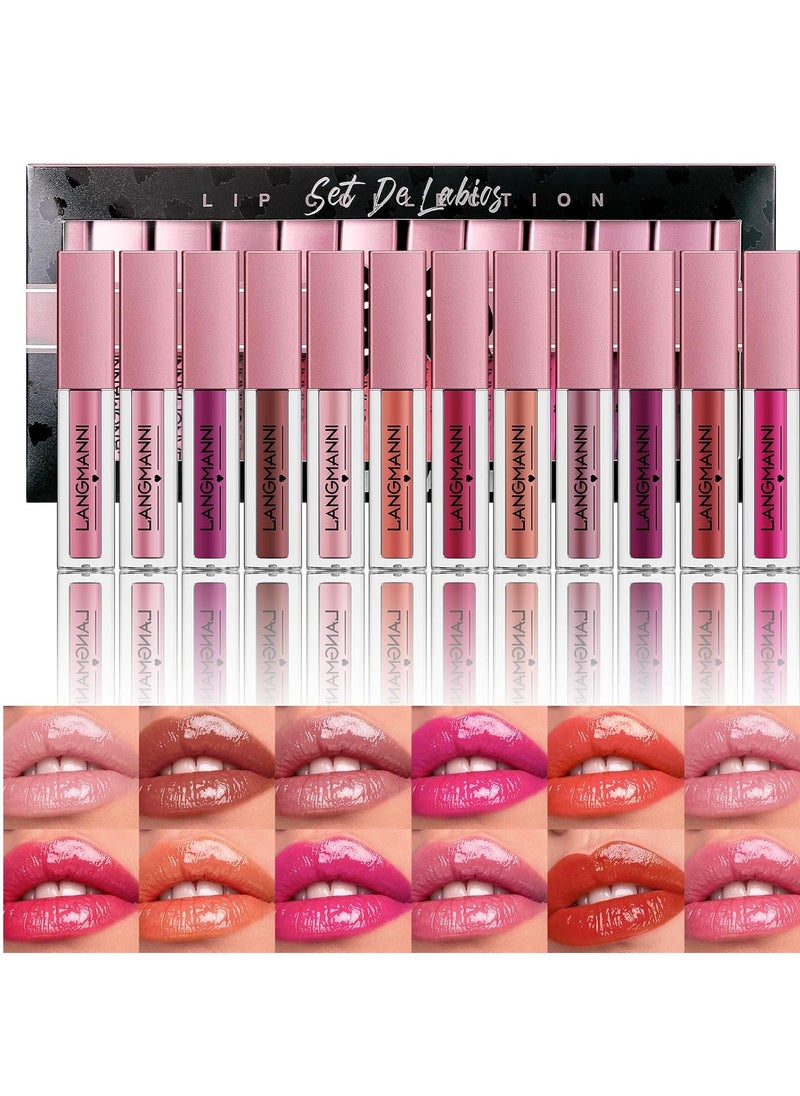 LANGMANNI 12Pcs Lip gloss Collection Makeup Set, Shiny Smooth Soft Liquid Lip Glosses Lip Stain With Rich Varied Colors For Girls And Women Makeup (Glossy-A)