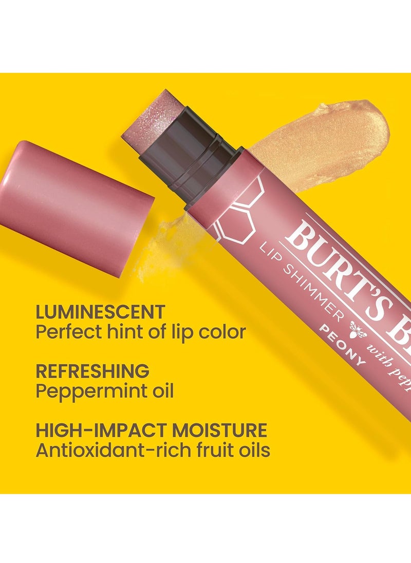 Burt's Bees Shimmer Lip Tint Stocking Stuffers Set, Shimmering Lip Oil Stick, Moisturizing for All Day Hydration with Natural Glowy Pigmented Finish & Buildable Color, Peony (4-Pack)