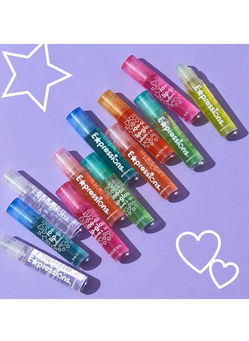 Expressions 12pc Roll On Lip Gloss Set with Carrying Case, Glossy Lip Make-up for Kids and Teens - Fruity Flavors, Non Toxic, Kid Friendly, Party Gift, Best Friends
