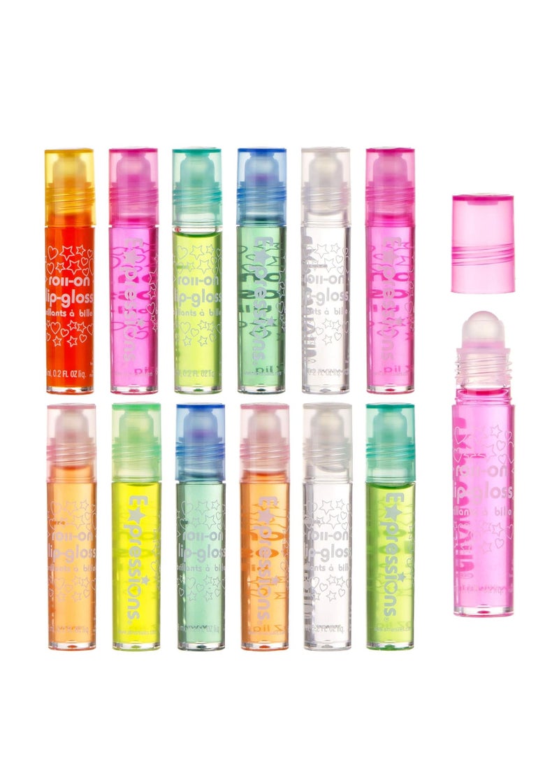 Expressions 12pc Roll On Lip Gloss Set with Carrying Case, Glossy Lip Make-up for Kids and Teens - Fruity Flavors, Non Toxic, Kid Friendly, Party Gift, Best Friends