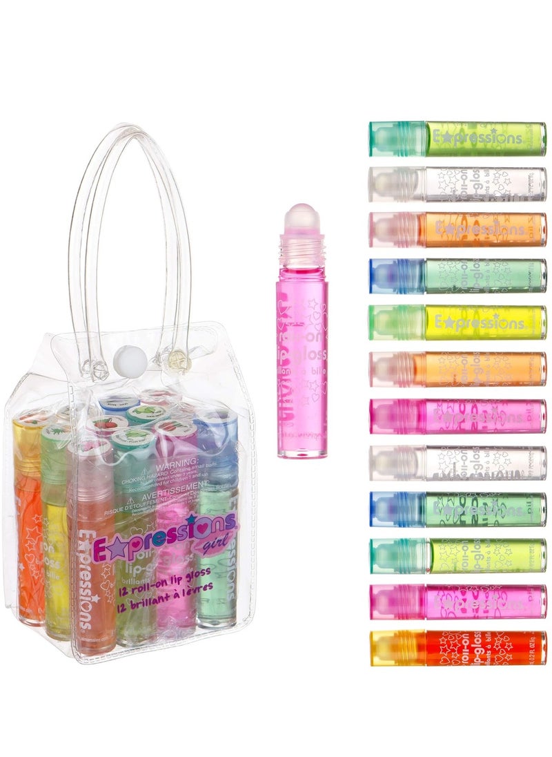 Expressions 12pc Roll On Lip Gloss Set with Carrying Case, Glossy Lip Make-up for Kids and Teens - Fruity Flavors, Non Toxic, Kid Friendly, Party Gift, Best Friends