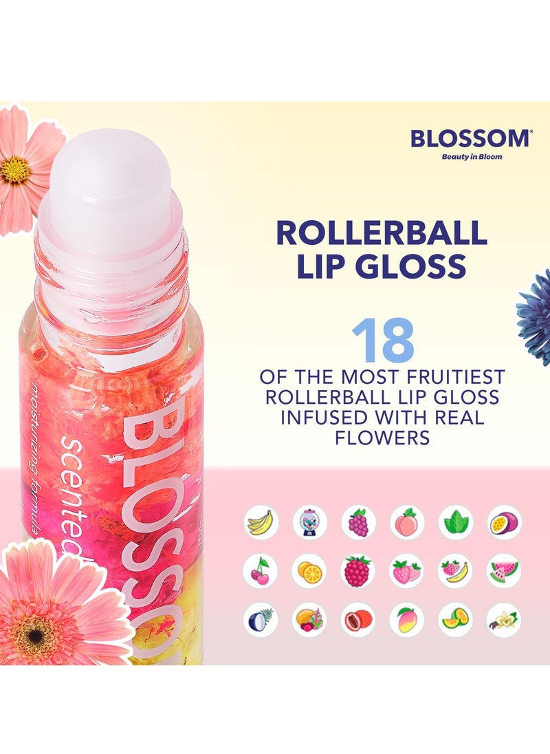 Blossom Scented Roll on Lip Gloss, Infused with Real Flowers, Made in USA, 0.3 fl. oz./9ml, 3 pack Mini Gift Set, Strawberry, Watermelon, Mango