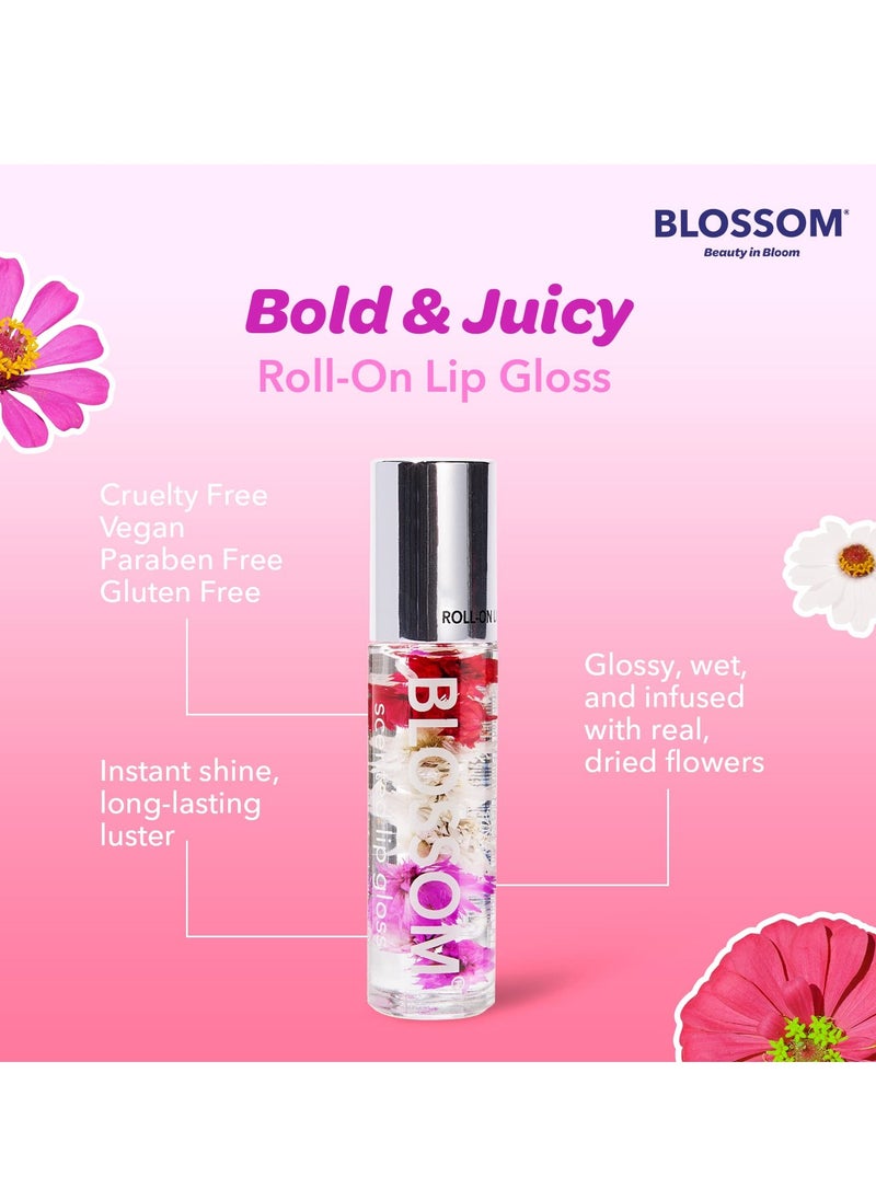 Blossom Scented Roll on Lip Gloss, Infused with Real Flowers, Made in USA, 0.3 fl. oz./9ml, 3 pack Mini Gift Set, Strawberry, Watermelon, Mango