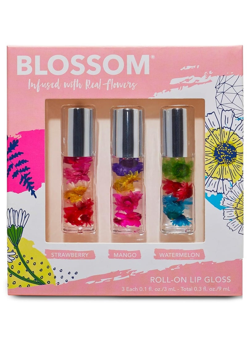 Blossom Scented Roll on Lip Gloss, Infused with Real Flowers, Made in USA, 0.3 fl. oz./9ml, 3 pack Mini Gift Set, Strawberry, Watermelon, Mango