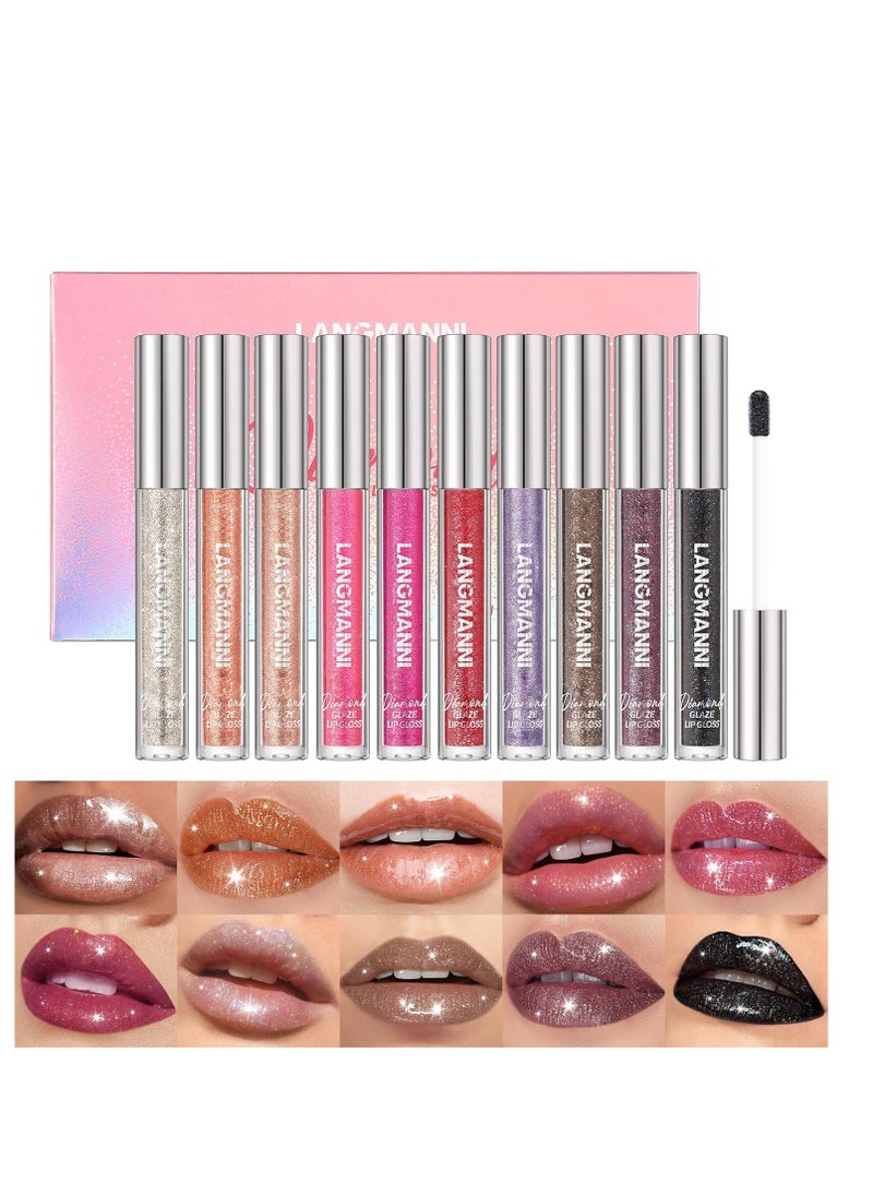 LANGMANNI 10 Colors Diamond Glitter Lip Gloss Set,Long Lasting High Shine Shimmer Liquid Lipstick Set,Hydrating,Moisturizing Lip Gloss Kit Gift Makeup For Girls