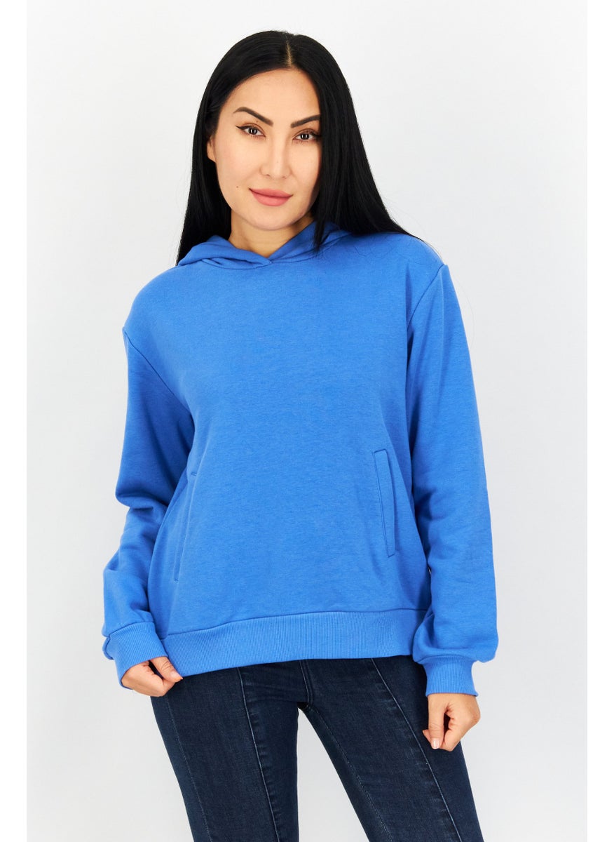 Women Hooded Plain Sweatshirt, Blue