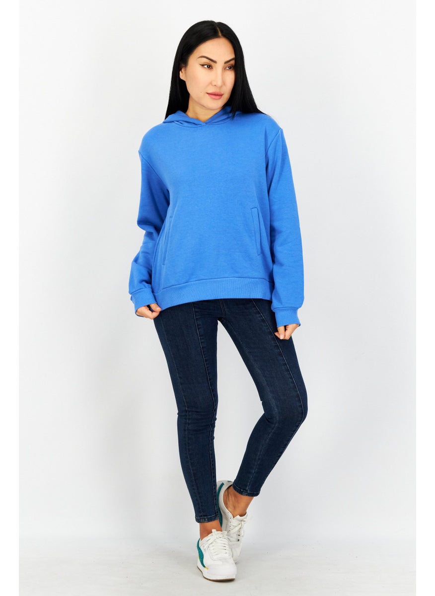 Women Hooded Plain Sweatshirt, Blue