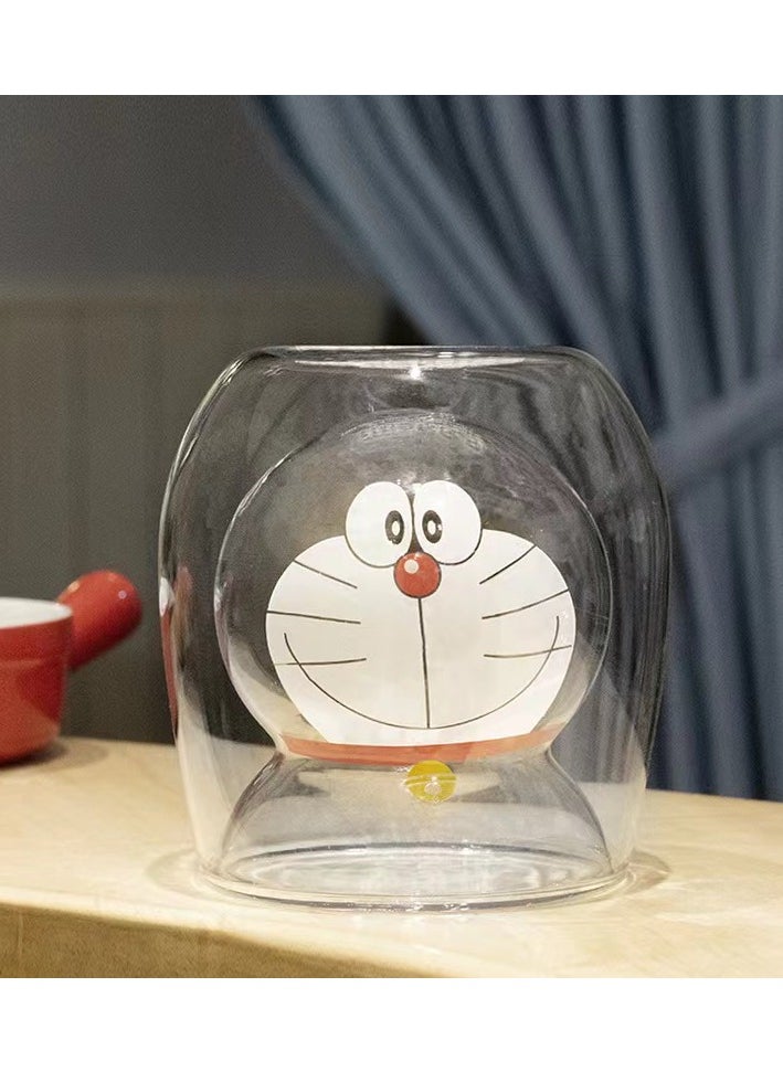 Doraemon double-layer heat-insulating and heat-resistant glass cup, creative cute female cartoon milk tea coffee beverage cup